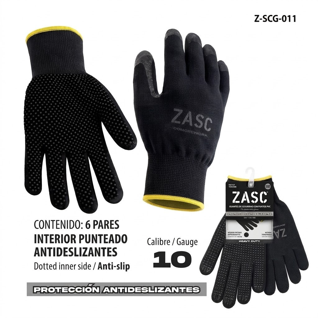 Guantes de tela con puntos pcv negro (paquete de 6 pares)