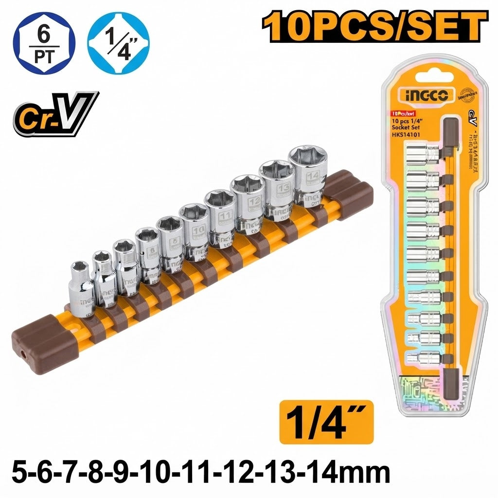 Juego de dados 1/4" 10 piezas Cr-v (5-14mm) Ingco