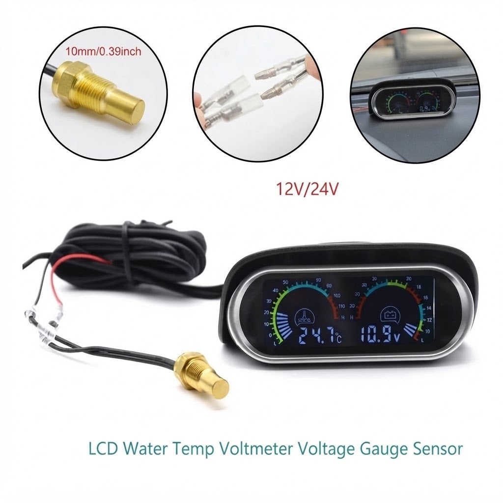 Reloj medidor de temperatura y voltaje 12v 24v Lcd