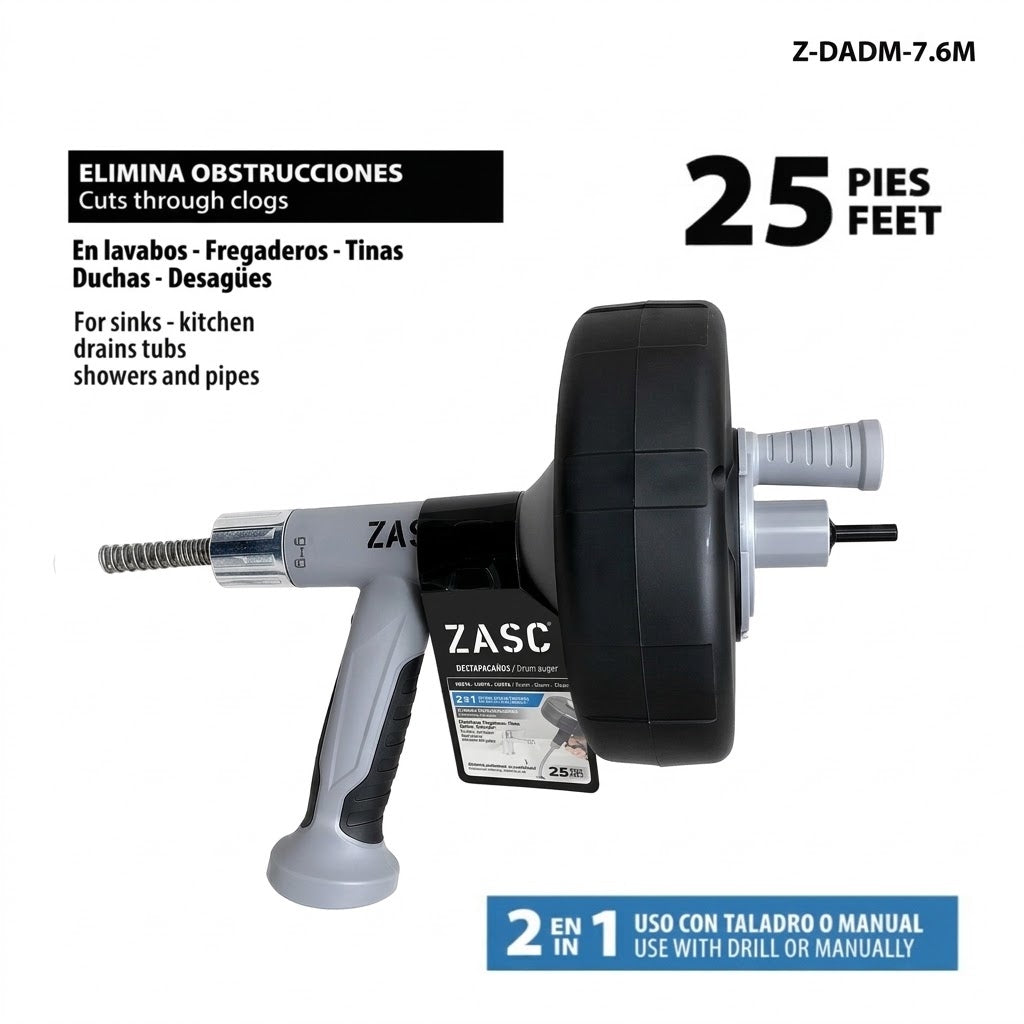 Guía guaya destapa cañería manual o taladro 7.6 mt ZASC