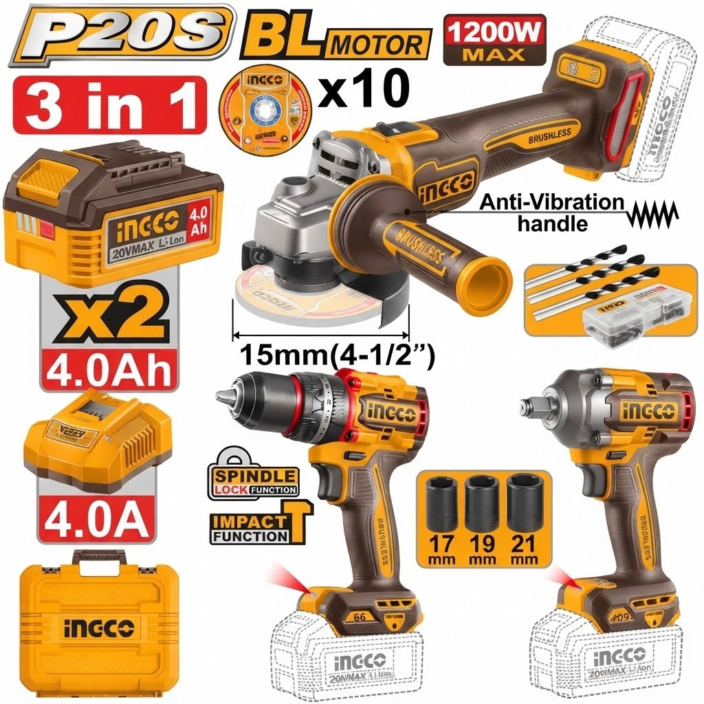 Kit Combo Ingco 3 En 1 20v Taladro Esmeril Y Llave Impacto