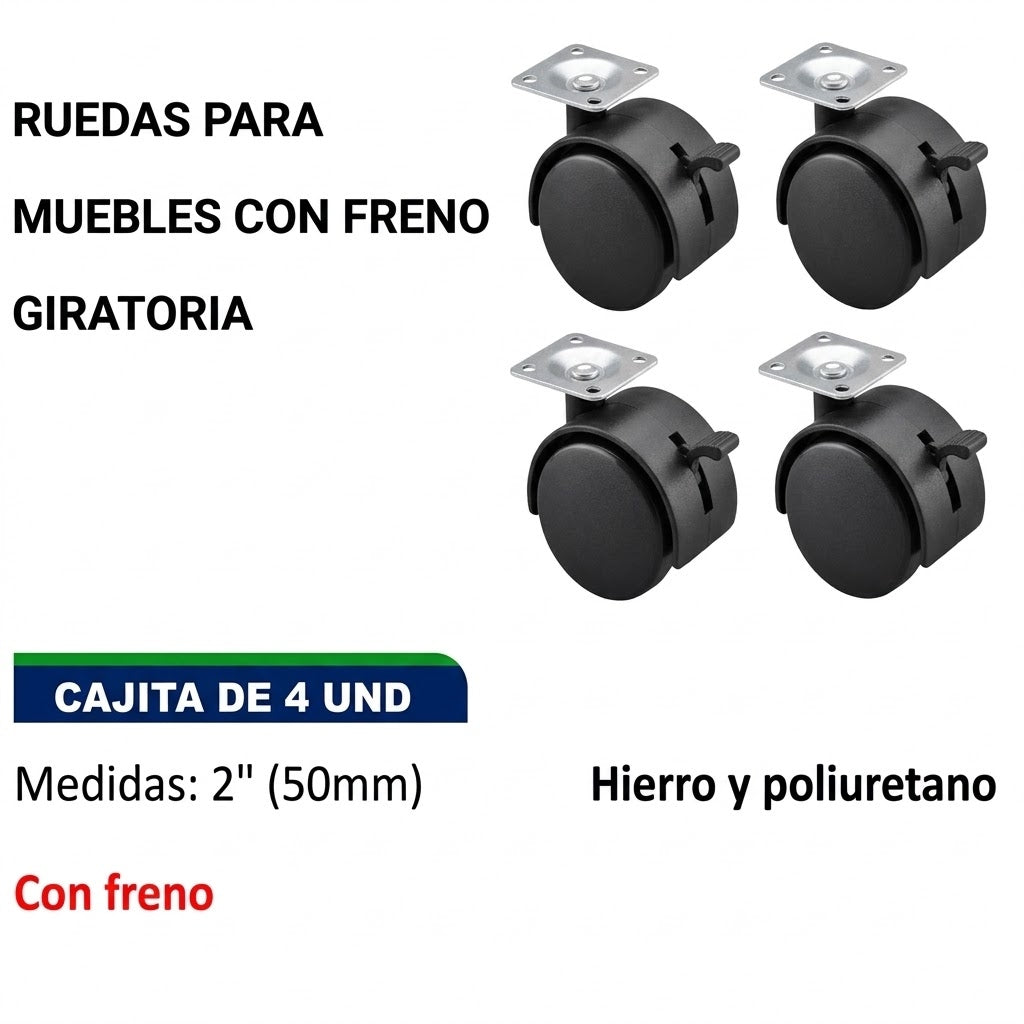 Kit Rueda Giratorias Para Muebles 2 Pulgadas Con Freno